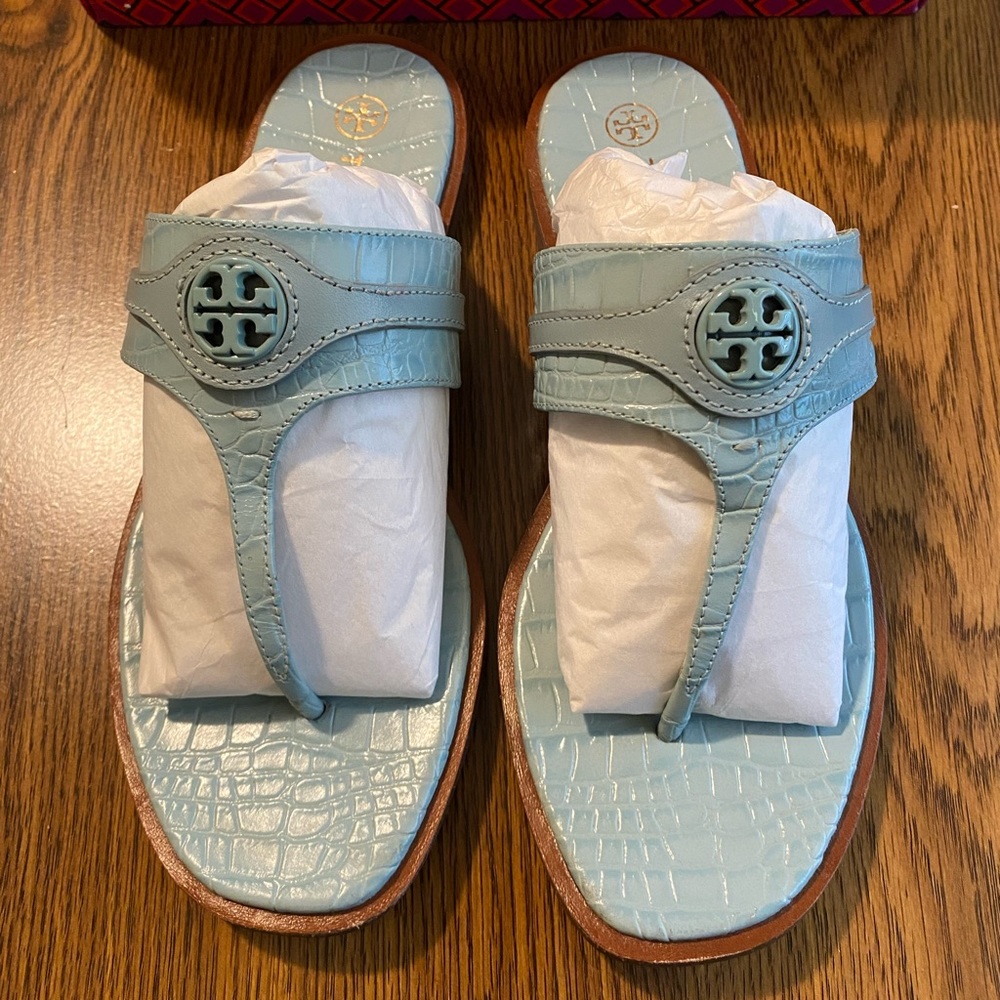 Tory Burch Light Blue Croc-Embossed Leather Thong Sandals